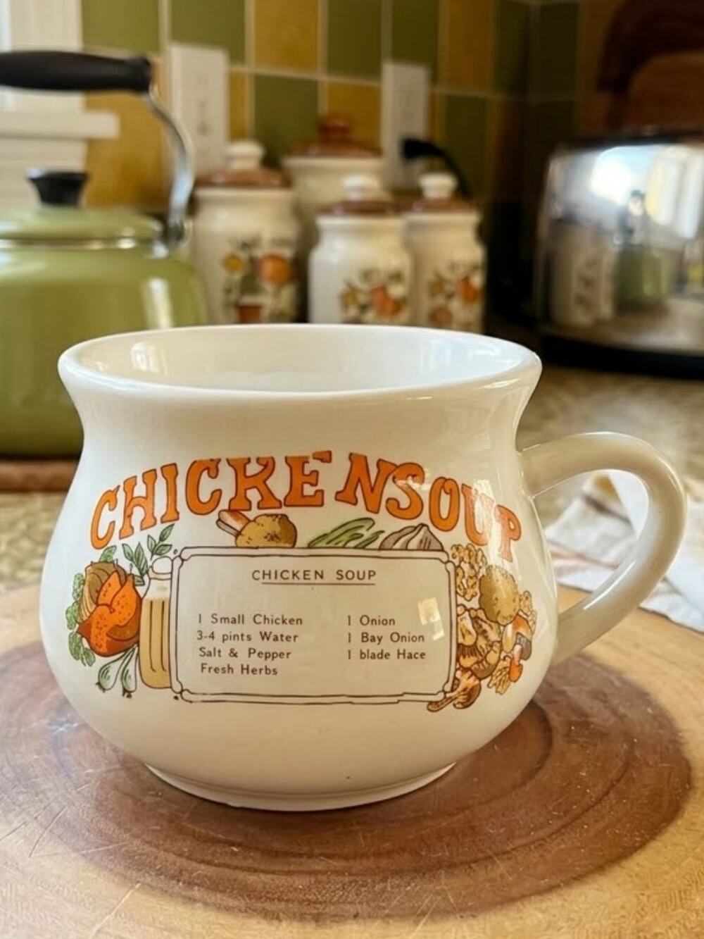 VINTAGE 70s Chicken Noodle Soup Recipe Bowl Retro Kitchen Décor